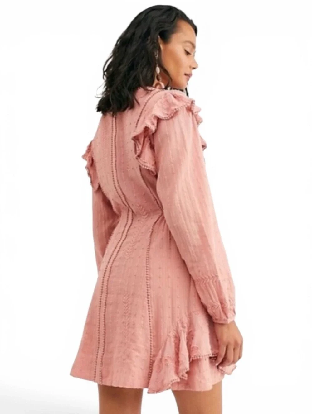 Free People Isabella Dusty Rose Ruffle V-Neck Long-Sleeve Dress Size 8
